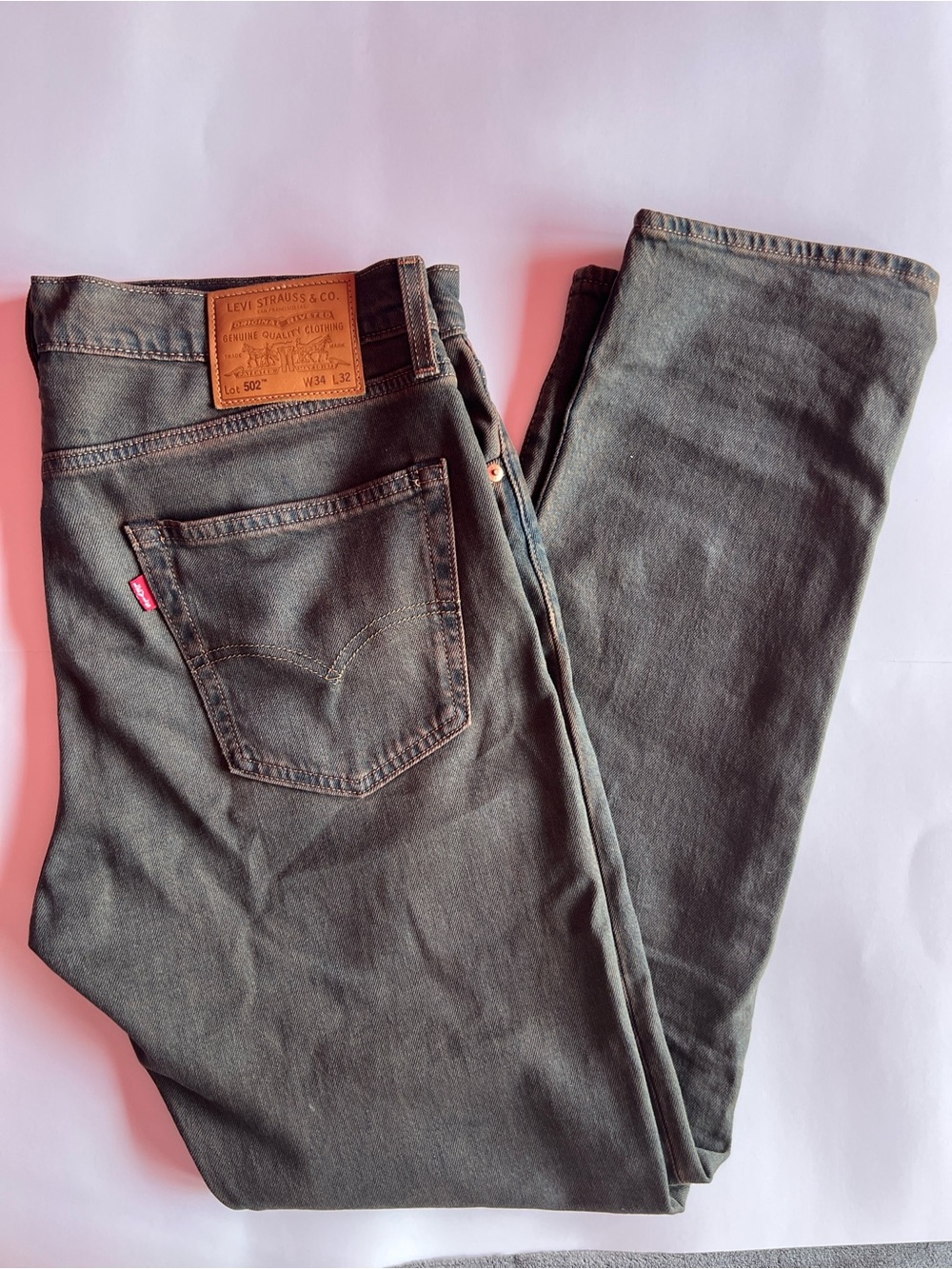 Levi's 502 Men's Olive Gray “Two Horse Pull” Premium Straight Jeans Size 34X32